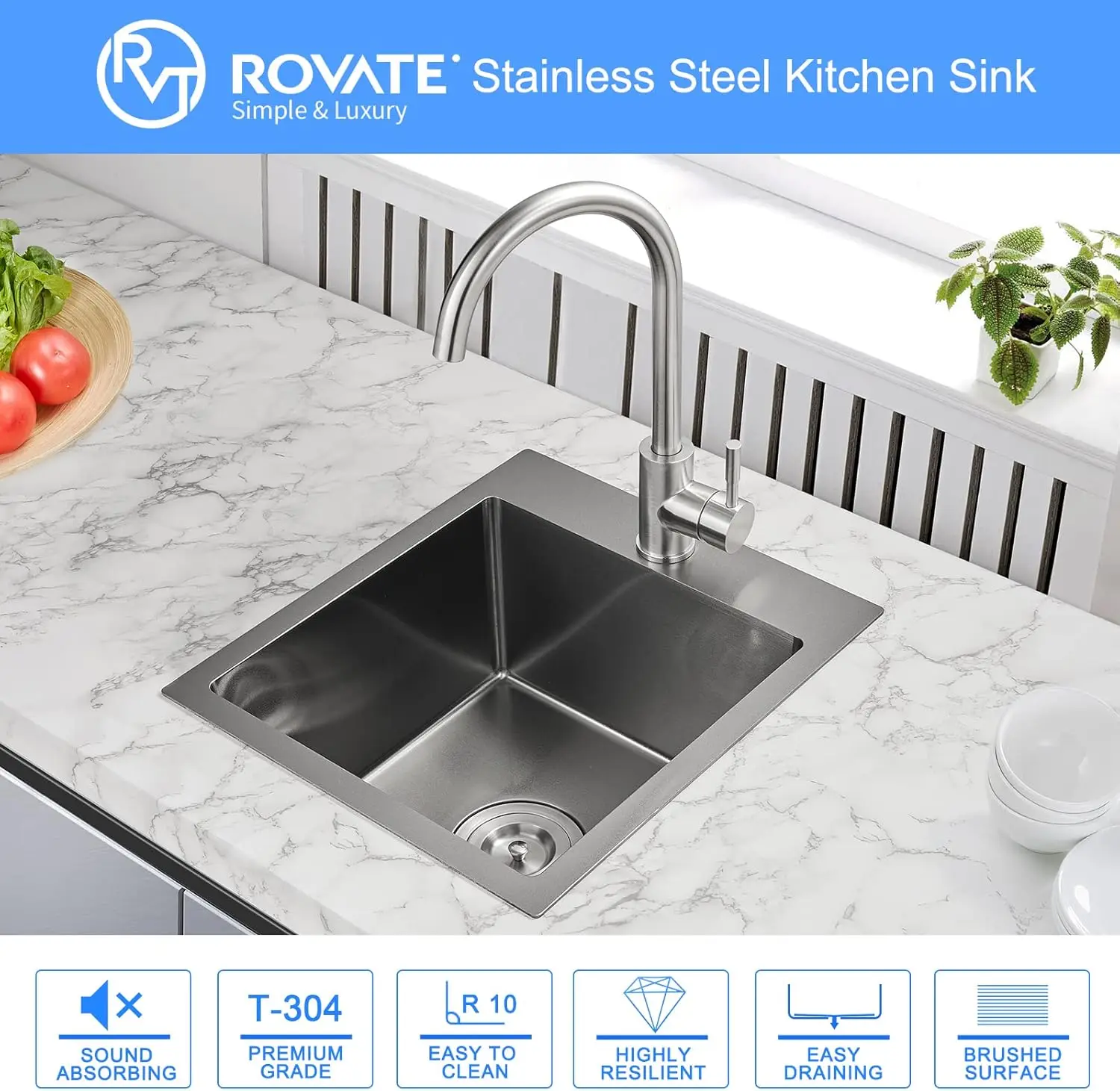 ROVATE 15 x 17 inch Drop in Bar Sink Black Nano Kitchen Sink Overmount Handmade Single Bowl T-304 Stainless Steel Bar Prep