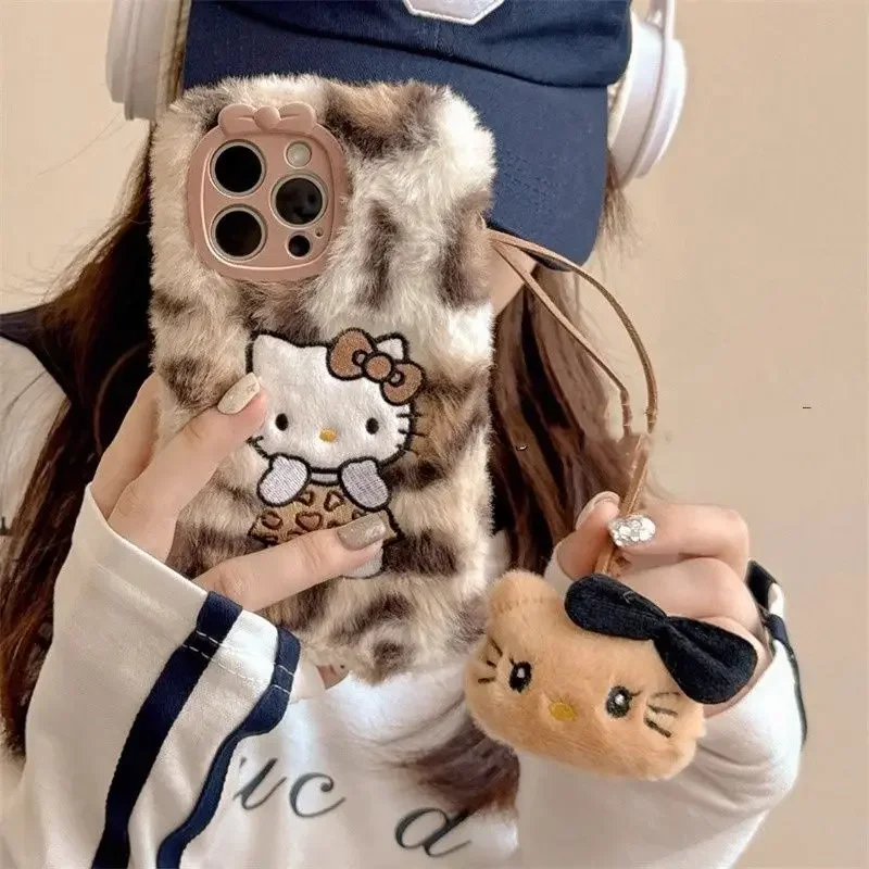 Y2k Hello Kitty Kawaii Plush Leopard Print Phone Case for