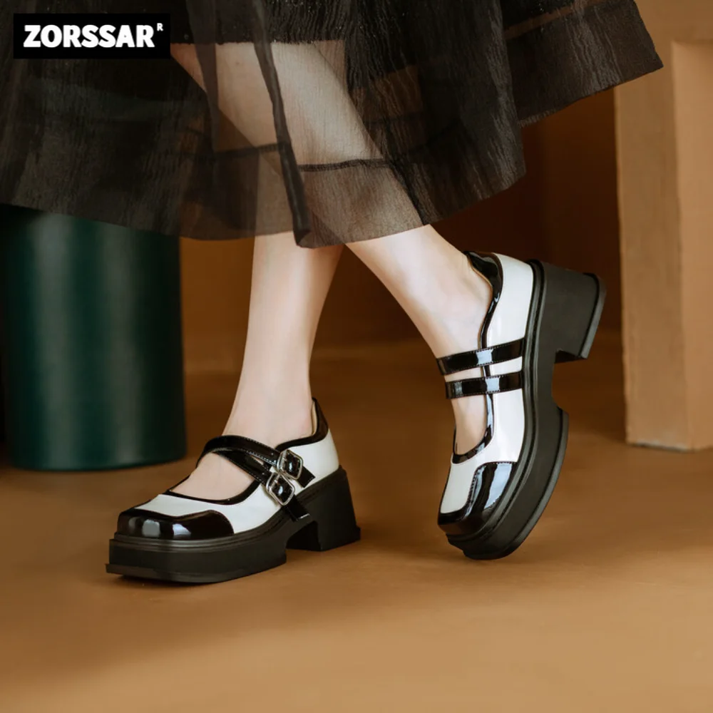 2024 Nuove Scarpe Eleganti Da Donna In Pelle Verniciata Tacco Grosso Mary Janes Scarpe Décolleté Con Plateau Punta Quadrata Superstar Scarpe Singole V