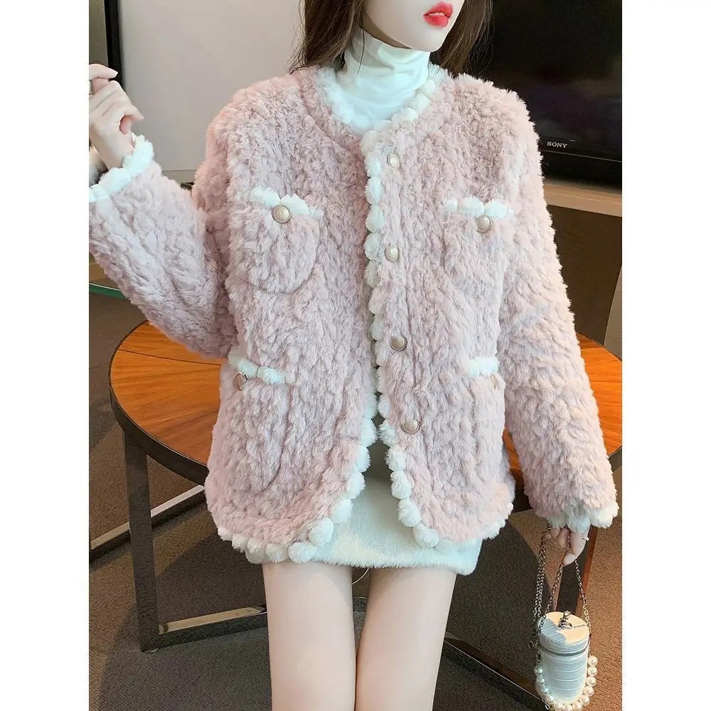 Luxury Faux Fur Coat Women Autumn Winter Jacket Crop Tops Long Sleeve Warm Kawaii Clothing O-neck Jacket Korean Fashion