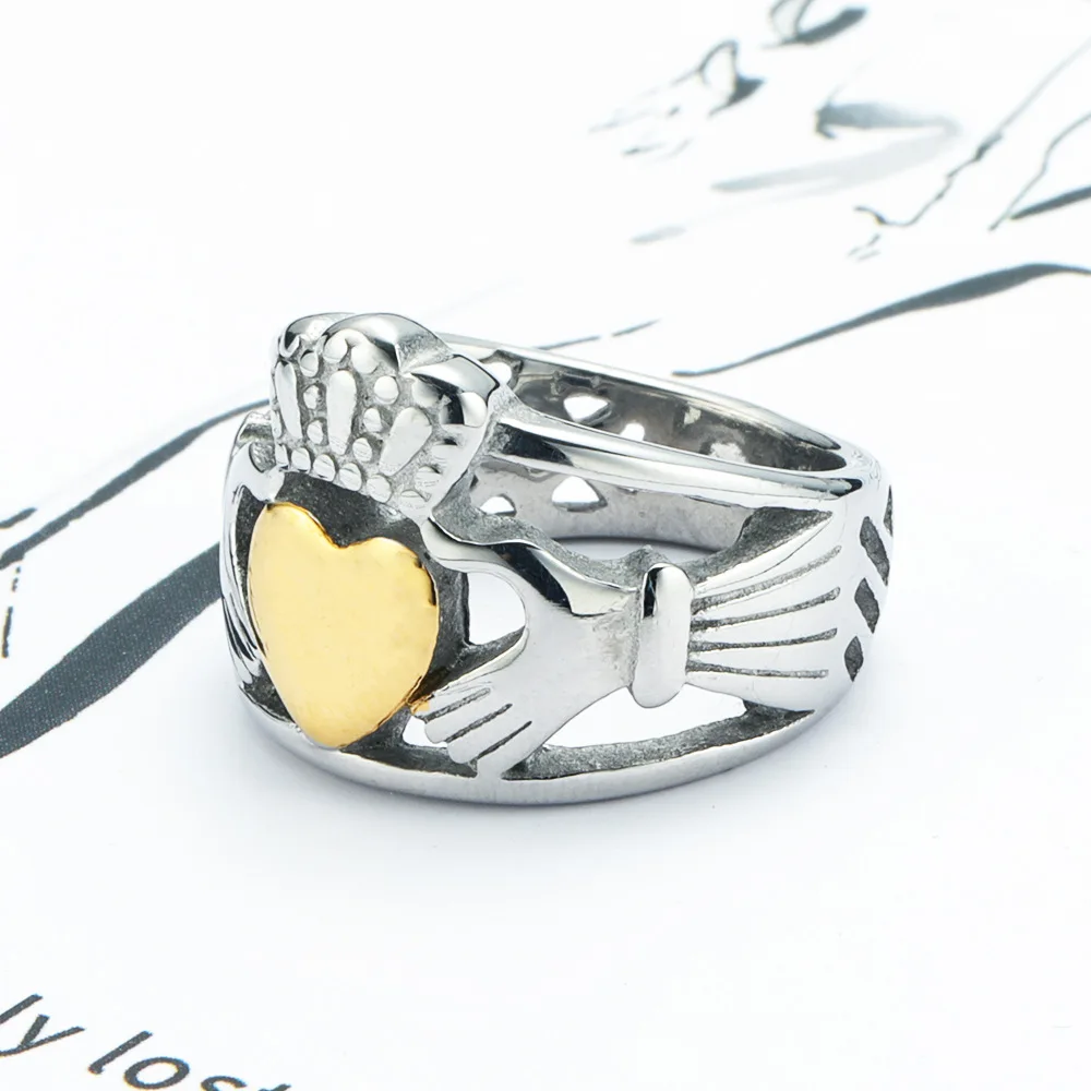 Claddagh Style Hand to Hold a Heart with Crown Ring 316L Stainless Steel Jewelry Celtic Knot Biker Women Ring 3