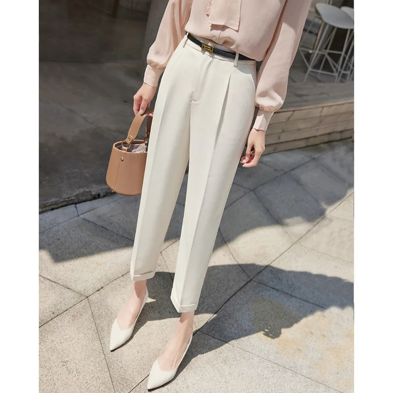 

White Vertical Suit Pants Women's Professional Work Pants Cropped Ankle-Tied Harem Pants Curling Mid-Line Straight Suit Pants