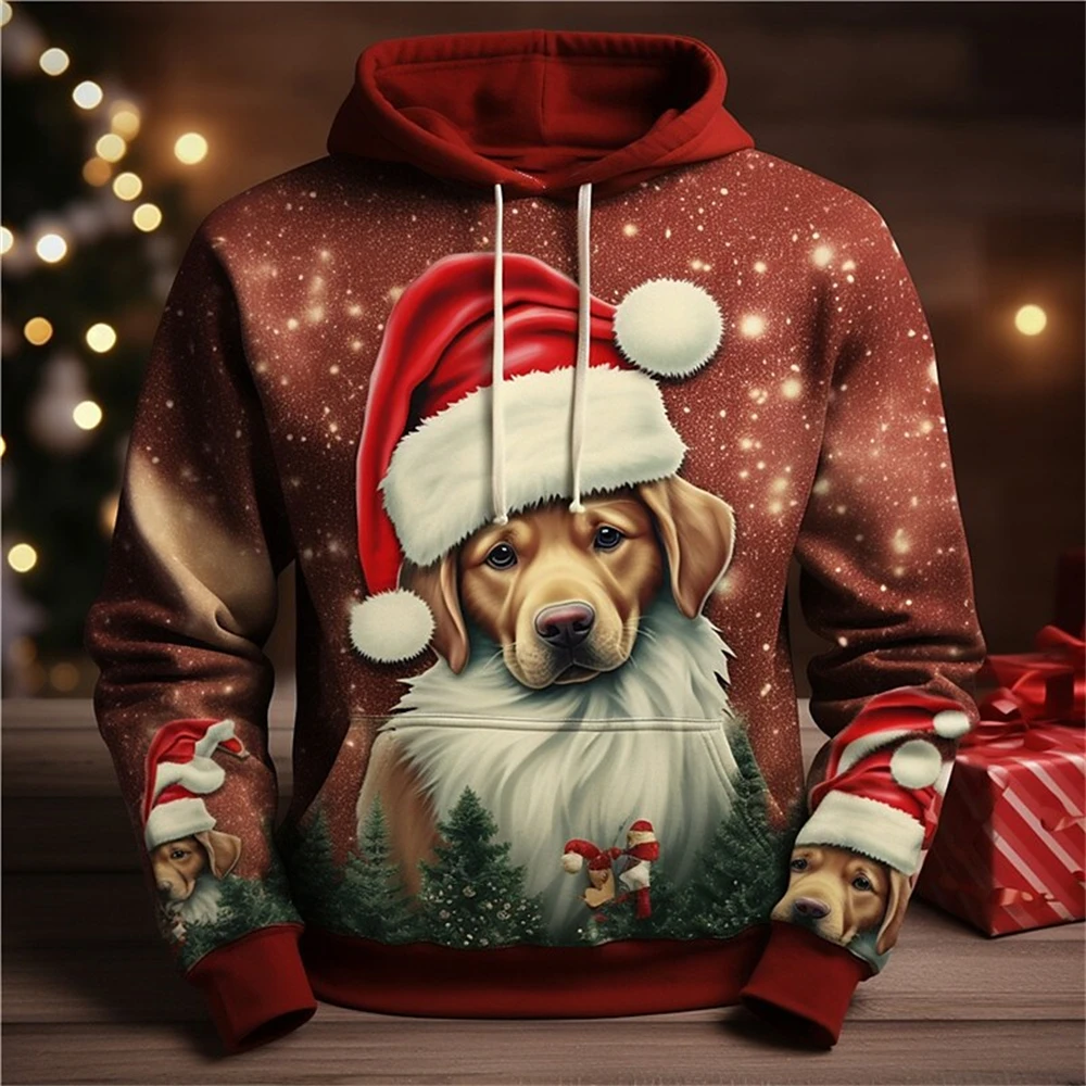 

Christmas Santa'S Helper Mens Graphic Hoodie Sweatshirt Xmas Animal Dog Prints Daily Classic Casual 3D Pullover Wearing Hat