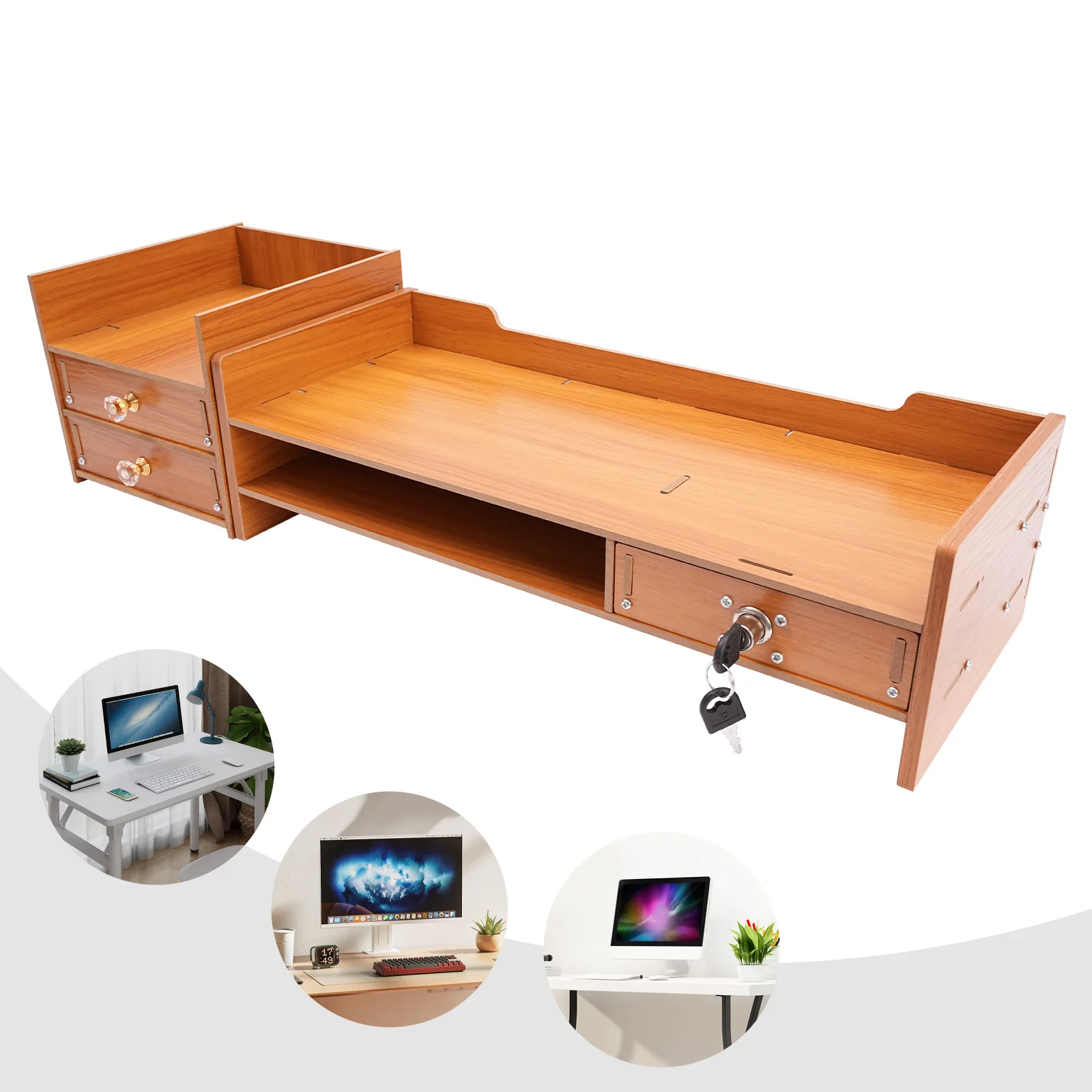 Wood Monitor Stand Riser Computer with Drawer & Lock，Laptop Desktop Organizer Home Office Desk Multi Compartment Book Storage