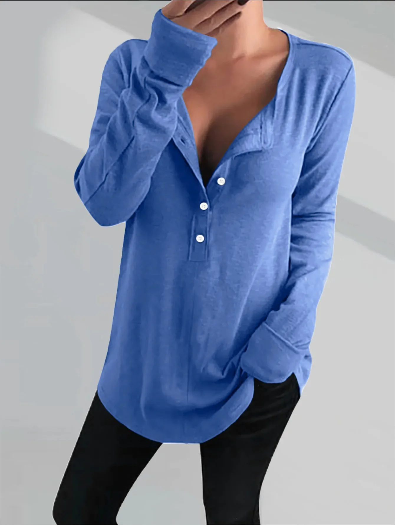 Spring Summer Women's Solid Color Casual Round Neck Long Sleeve Button Down T-Shirt Loose Pullover Tops