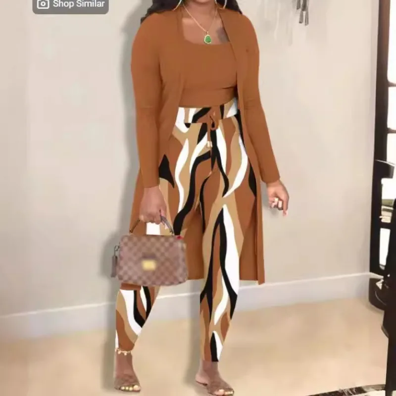 European and American Popular Autumn and Winter Women's Fashion Printed Jacket Trousers Three-piece Set