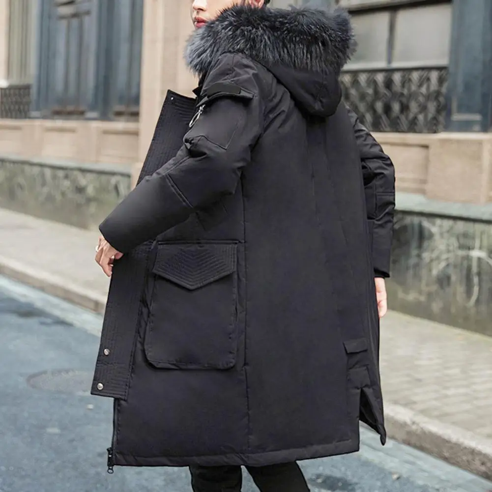 Cold Weather Outerwear Men's Fur Collar Hooded Down Jacket with Zipper Placket Pockets Long Sleeve Winter Coat for Cold Weather