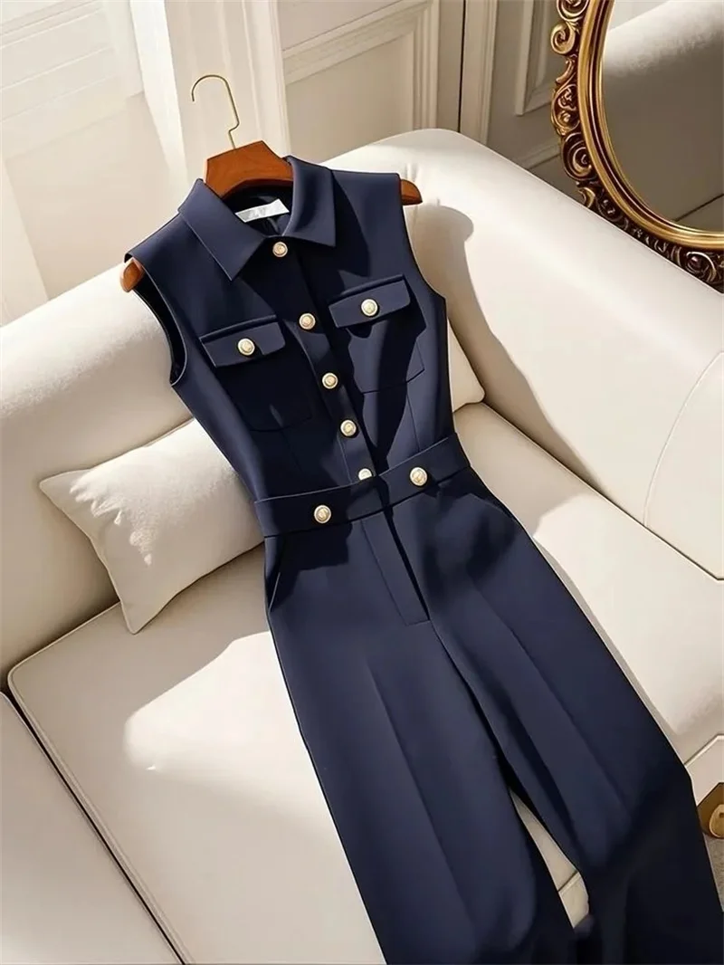 Ladies New Slackness Unique Jumpsuit Temperament Advanced Feeling Tibetan Blue Simple Leisure High Waist Spring And Autumn Bib