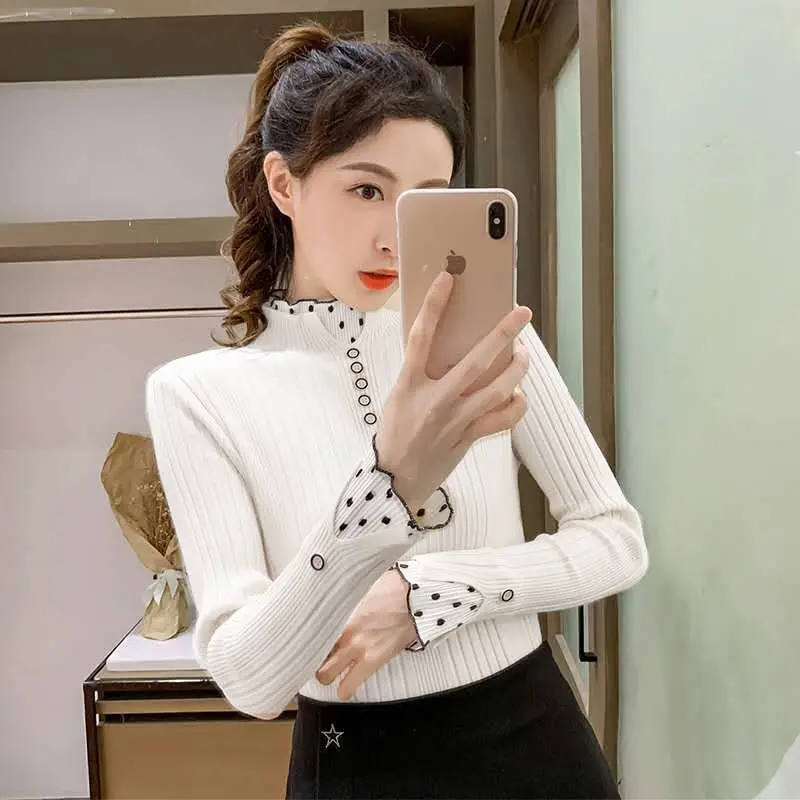 Elegant Stand Collar Knitted Spliced Button Lace Blouses Women's Clothing 2023 Autumn Winter Casual Tops Princess Sleeve Shirts