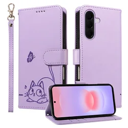 Cat & Butterfly Embossed Design Leather Wallet Flip Case - Galaxy A17 5G (PURPLE)