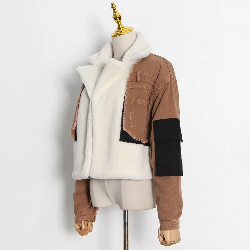 twotwinstyle patchowrk lambswool denim jaqueta para mulher lapela manga longa borla casaco casual feminino inverno moda nova