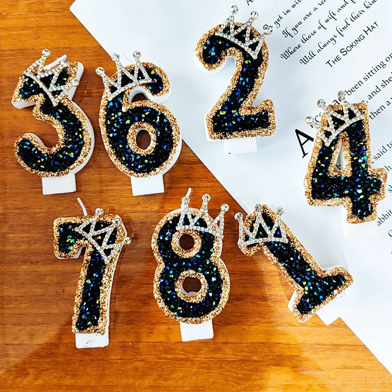 Black Diamond Crown Candle 0-9 Number Happy Birthday Cake Candles Birthday Candle Cake Topper Decoration Wedding Party Decor