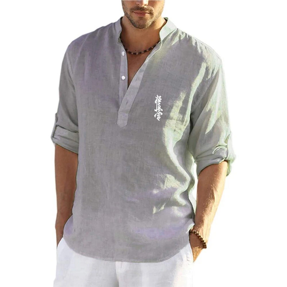 thumbnail image 1 of Camisetas de manga larga holgadas de algodón y lino de alta calidad para hombre, ropa informal de verano con estampado de kárate Kyokushin, moda 2023, 1 of 5