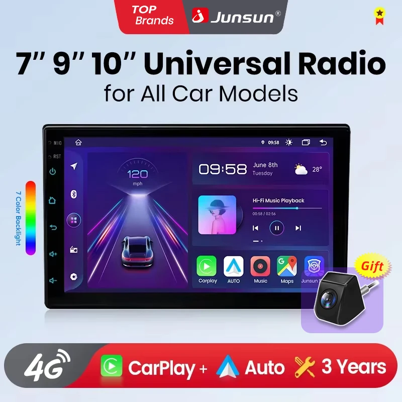 Junsun Radio de coche universal inalámbrico CarPlay Android Auto de 7, 9 y 10 pulgadas para VW, Fiat, Renault, Nissan, Hyundai, BMW, Audi, Ford, Opel, Peugeot, GPS, navegación, SWC, Bluetooth, FM, RDS, DSP, pantalla IPS, sistemas inteligentes para coche, voz AI, 4G, WiFi, 8 núcleos, 2DIN, multimedia 1