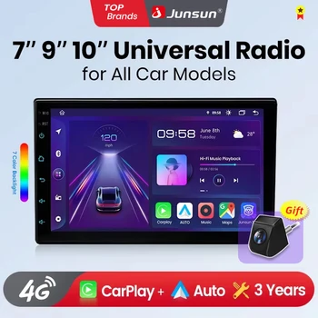 Junsun Radio de coche universal inalámbrico CarPlay Android Auto de 7, 9 y 10 pulgadas para VW, Fiat, Renault, Nissan, Hyundai, BMW, Audi, Ford, Opel, Peugeot, GPS, navegación, SWC, Bluetooth, FM, RDS, DSP, pantalla IPS, sistemas inteligentes para coche, voz AI, 4G, WiFi, 8 núcleos, 2DIN, multimedia 1