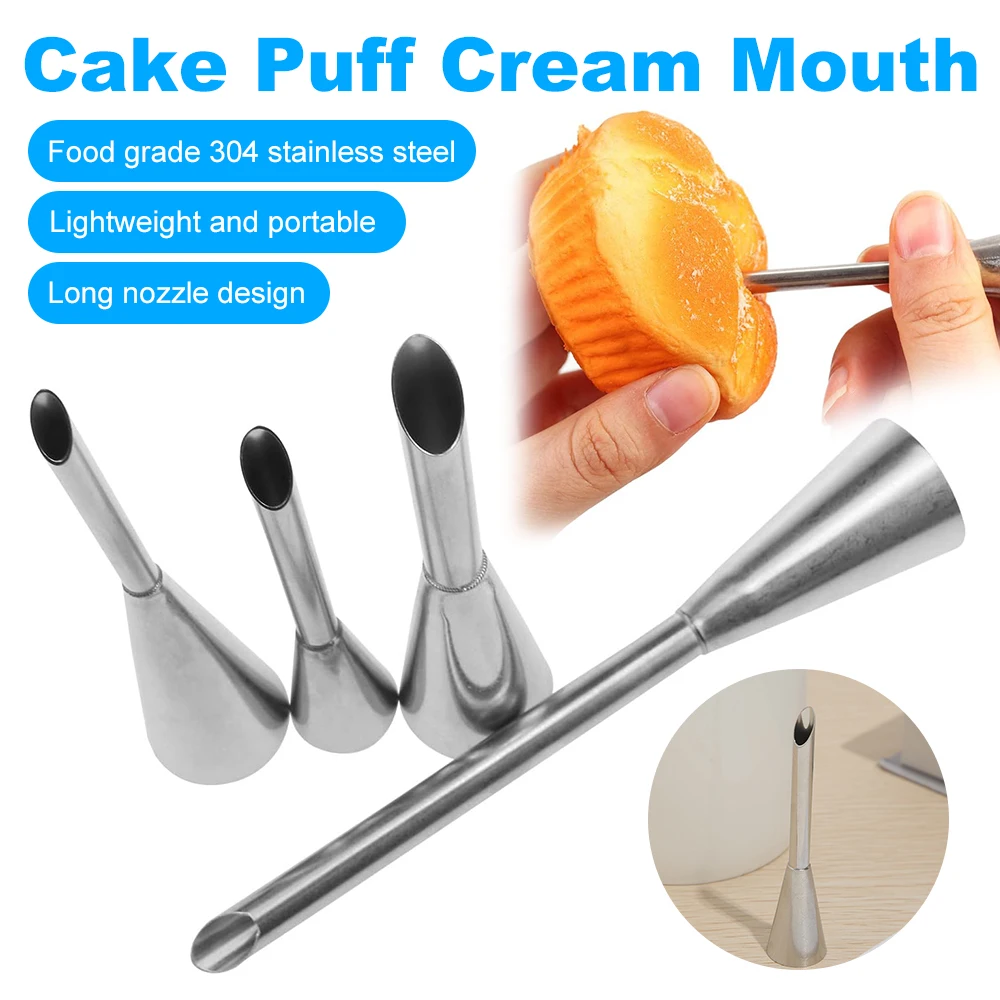 Stainless Steel Puff Cream Nozzles Set Cake Icing Piping Tip DIY Donut Pastry Syringe Cupcake Desserts Baking Accessories 4Pcs cake decorating tip set,cake icing nozzles,baking nozzle set,cake decorating nozzle set