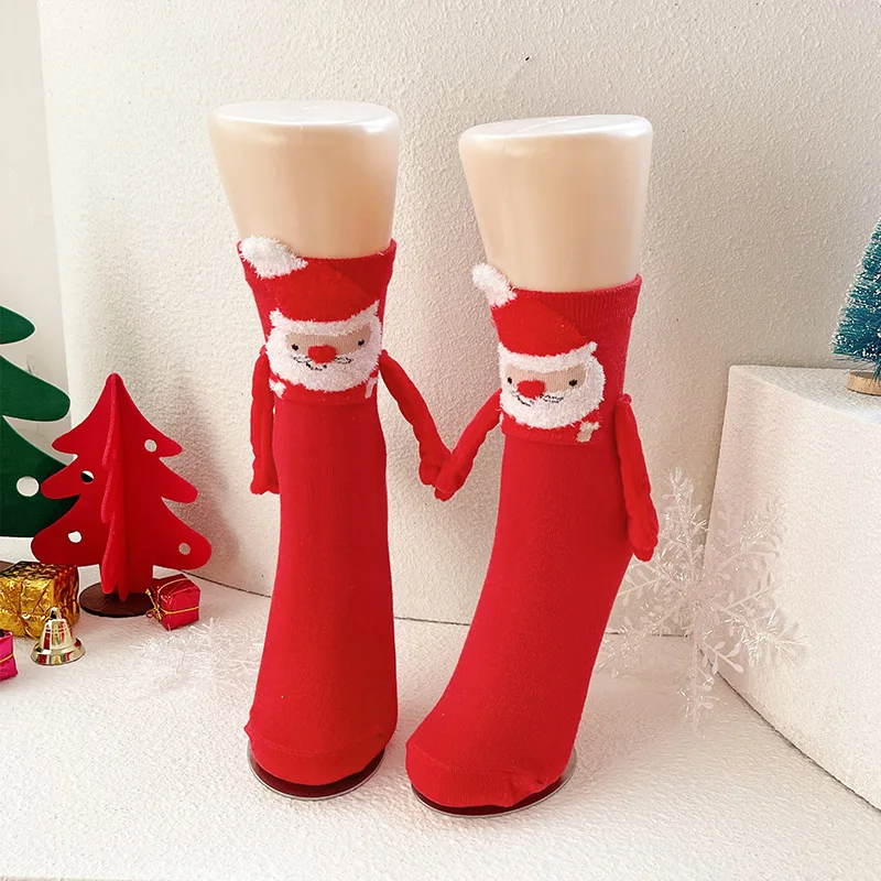 12PCS Christmas socks fall and winter cotton magnet hand-holding socks mid-calf socks cute couple socks cartoon Christmas socks