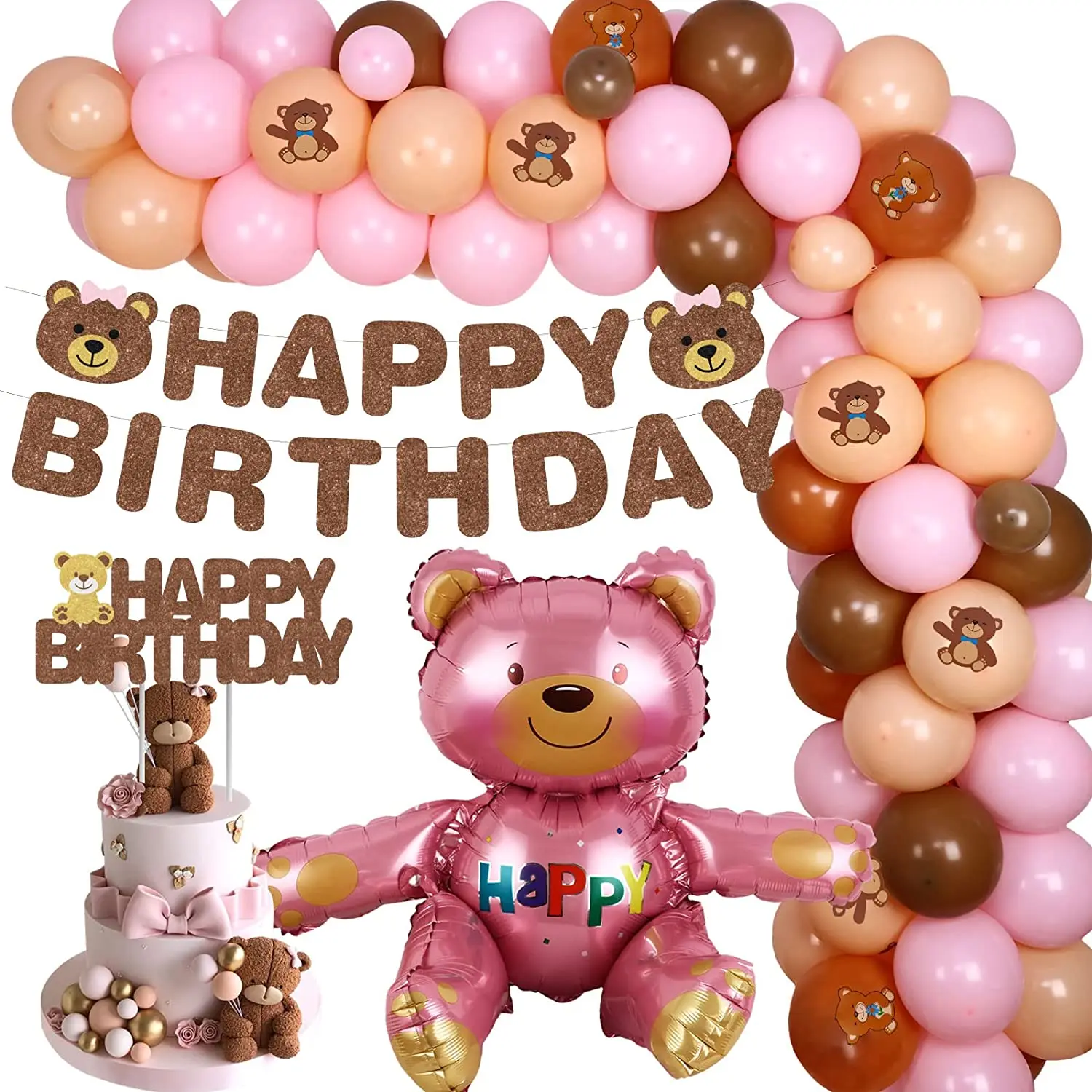 

Sursurprise-Pink Bear Theme Birthday Party Decorations for Girls, Balloon, Garland Kit with Bear Banner, Cake Topper