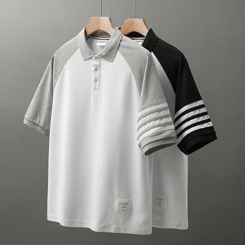 EN American Raglan Sleeve POLO Shirt Short Sleeved Summer Pearl Cotton Stripe Four Bar T Shirt Men S Instagram
