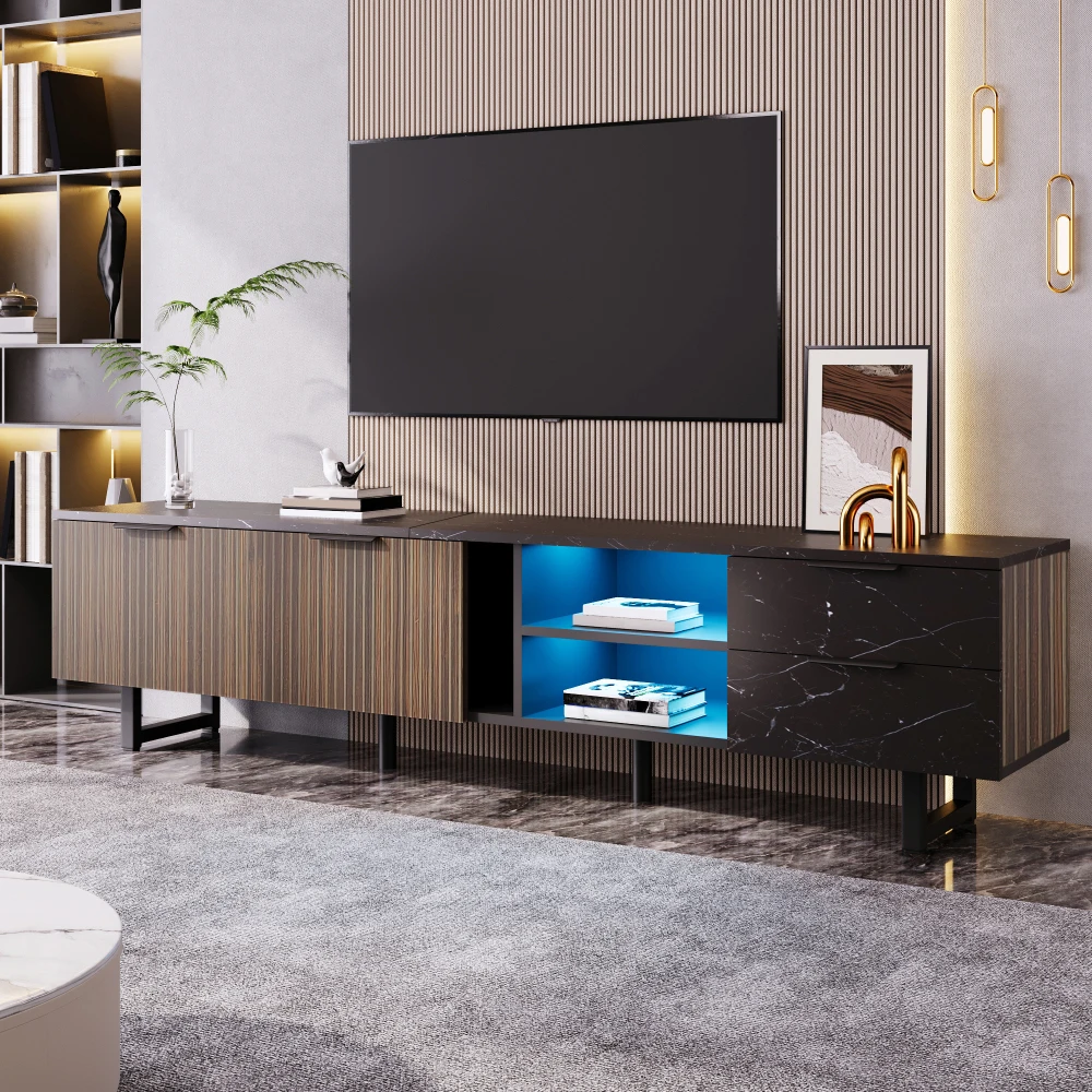 PINGGO 200CM TV-Schrank mit Schwarzer Marmorplatte & Dunklen Holztüren - Einstellbare LED-Beleuchtung 2 Türen 2 Schubladen für Heimunterhaltung – Detail 6
