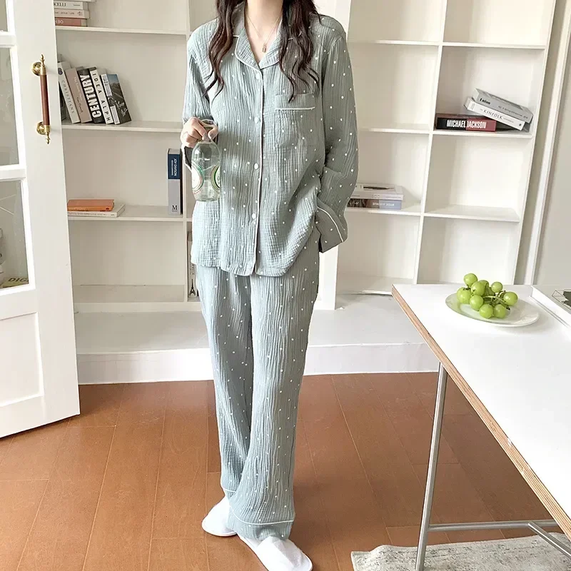 

Breasted Vintage Single Women Shirts + Warm Pajamas Two Wave Cotton Loose Home Trousers Suit Piece Leisurewear Set Point