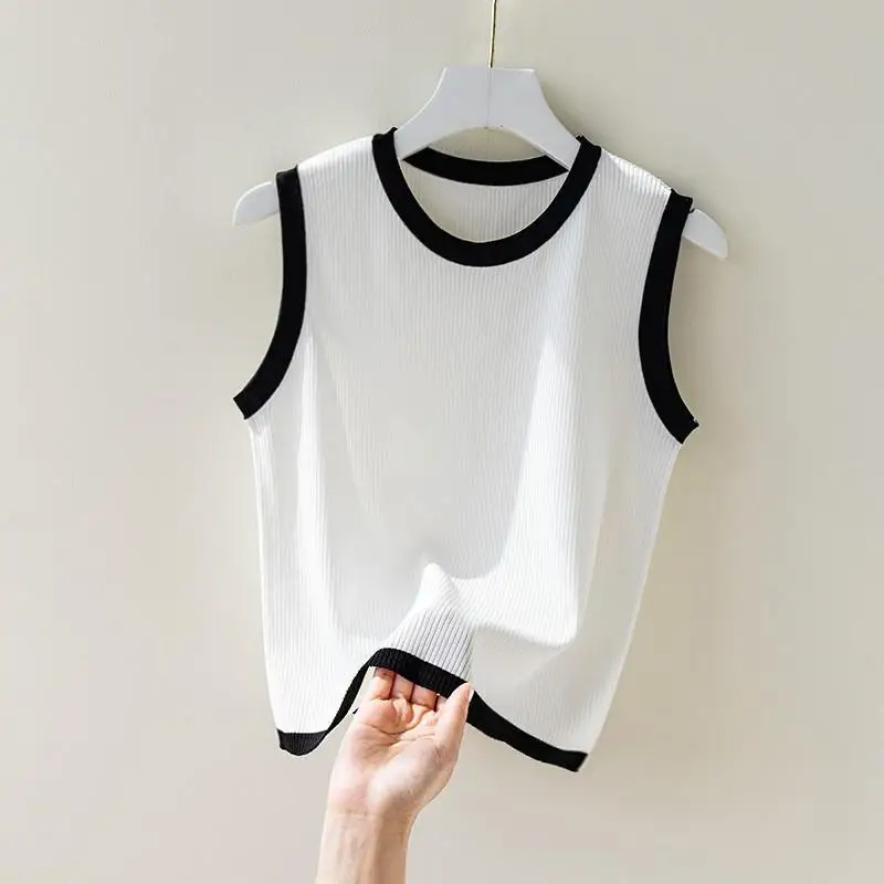 

2024 Women's Summer Fashion Contrast Color Sleeveless Tops Female Ice Silk Knitted Vest Ladies O-neck Loose Tank Tops H02