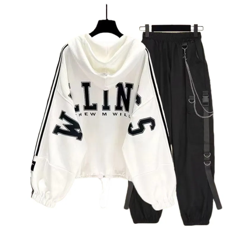 Spring and Autumn Fashion Women's Set Korean Loose Casual Hooded Top Coat+Handsome Workwear Pants Two Piece Set