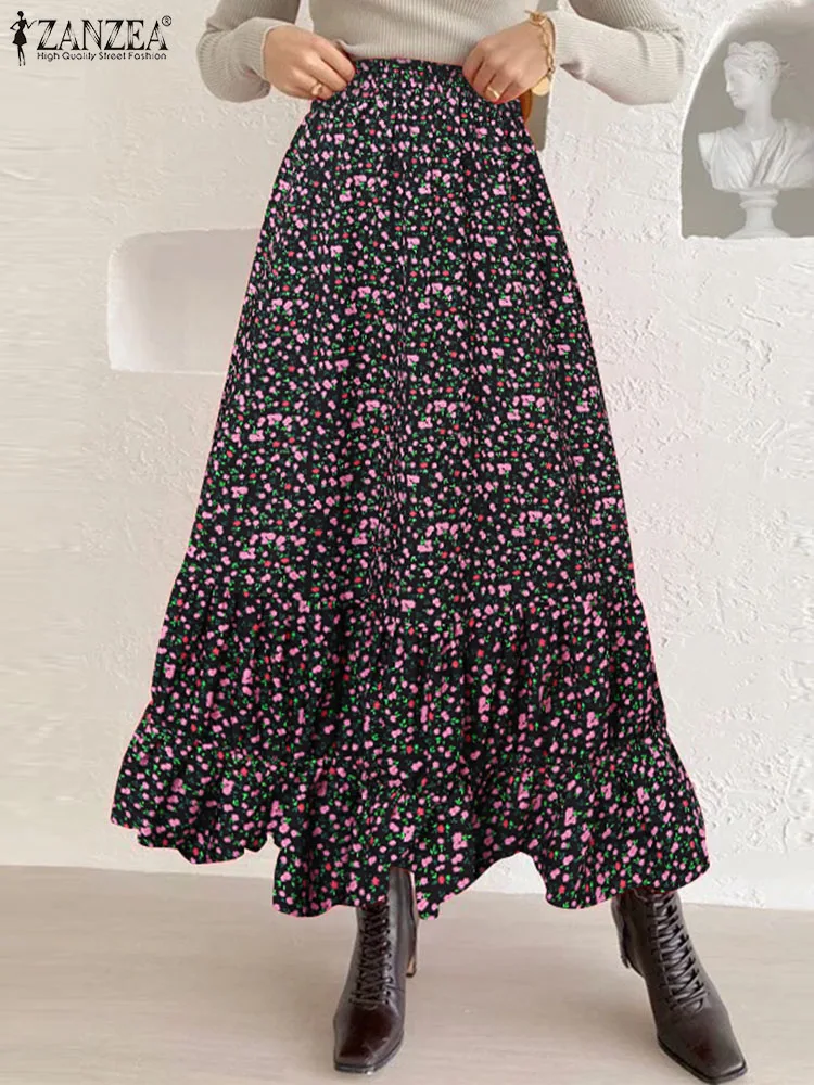 

ZANZEA Holiday Women Skirt Bohemian Floral Print Falda Summer Maxi Skirt Elastic High Waist Pleated Tiered Long Jupe Ruffled Hem