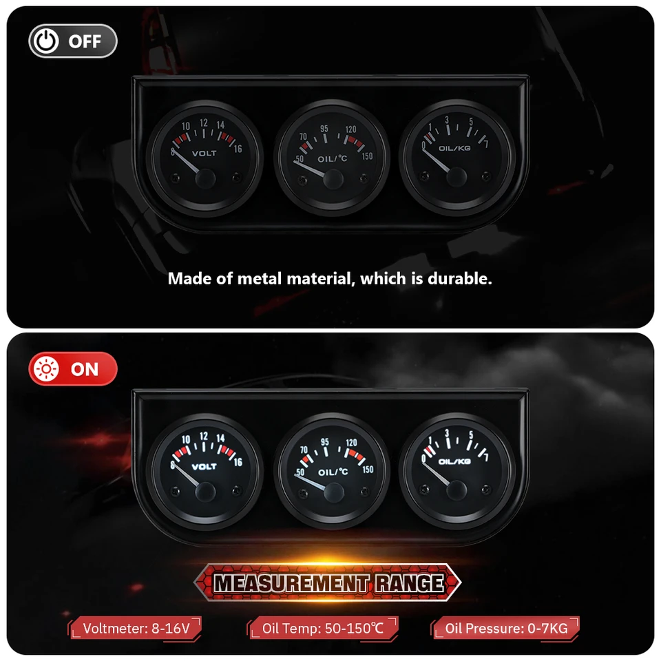 Kit Triplo Manometro Universale 52 Mm Per Auto | Pressione Olio + Temperatura Acqua + Voltmetro, Con Luci Notturne, 12V