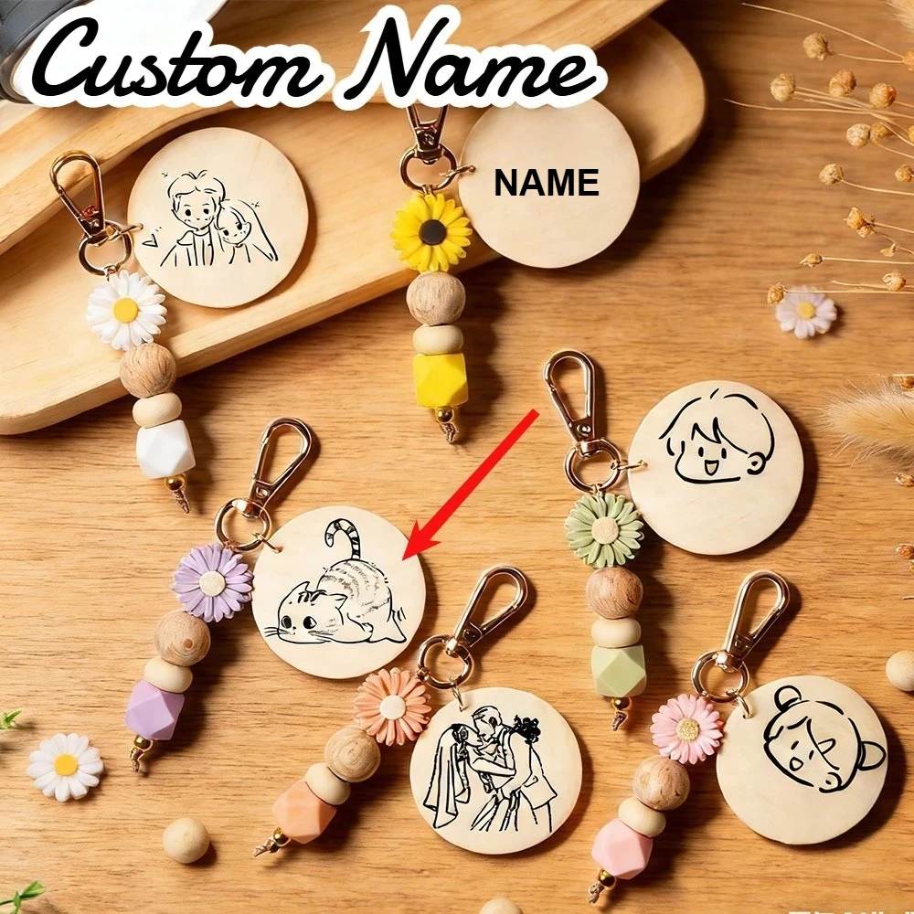 Handgefertigter Holzperlen-Schlüsselanhänger DIY Gänseblümchen Silikon-Perlen Schlüsselring Anhänger Kreatives Personalisiertes Namens-Schlüsselanhänger Geschenk – Detail 2