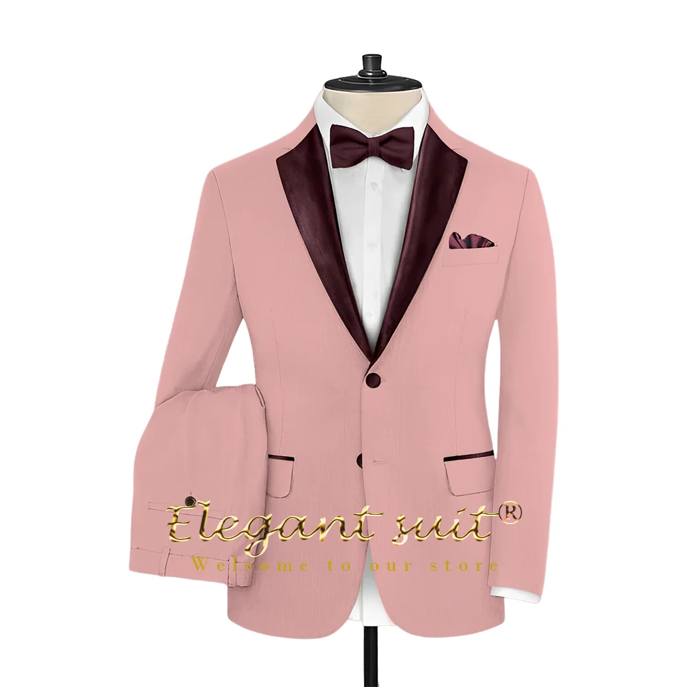 

Men's fashionable and personalized burgundy satin collar buttoned jacket and trousers 2-piece set, custom wedding dress suit