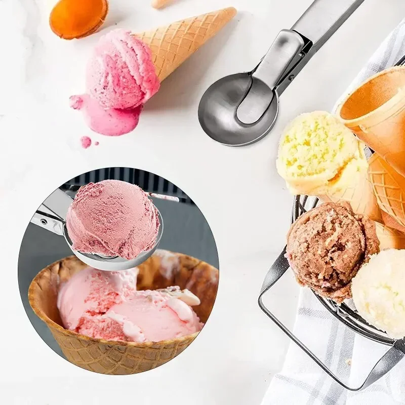 Premium Stainless Steel Ice Cream Scoop with Trigger Fruit Scoop Perfect for Frozen Yogurt Sundae Ice Cream Ball Spoon Stacks