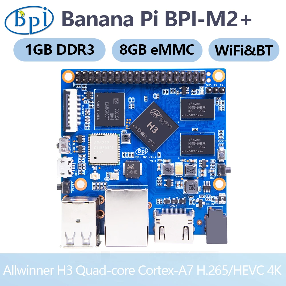 Banana Pi-BPI-M2 + Allwinner H3, Quad-core, 1,2 GHz, Cortex-A7, 1GB, DDR3, 8GB, eMMC con WiFi, BT4.0, compatible con Android, Linux, Raspberry Pi