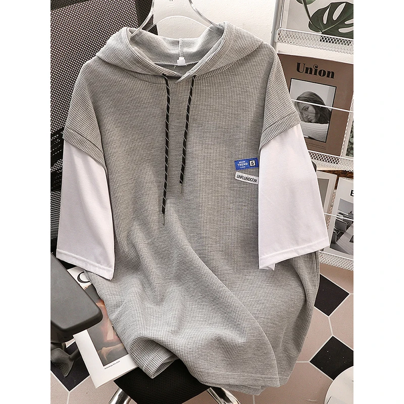 

2023 летние тонкие пуловеры с капюшоном, вафельные однотонные толстовки с имитацией двух предметов, свободные свитшоты в Корейском стиле с Кулиской