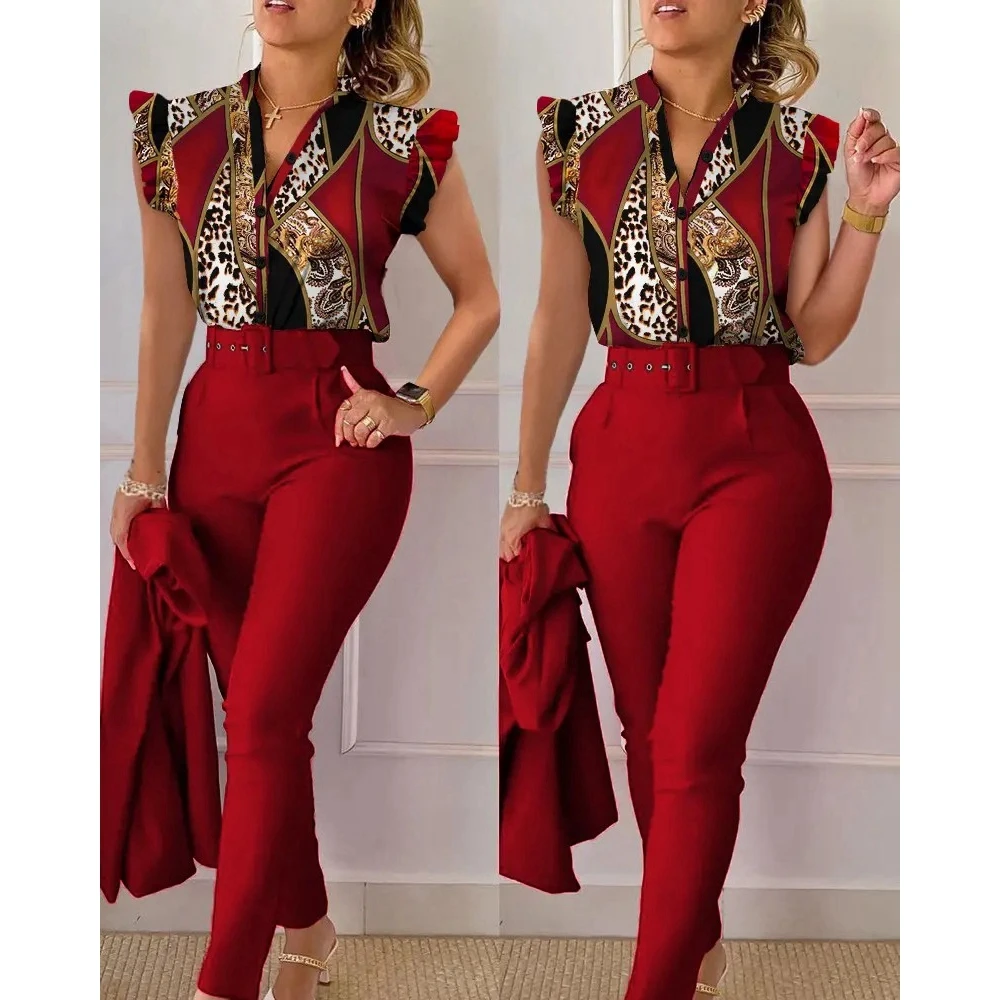 2023 Leopard Print Sleeveless Frill Top & Pants Set with Belt Bussiness OL Style Womans Outfit Office Wear Women Two-Piece Sets
