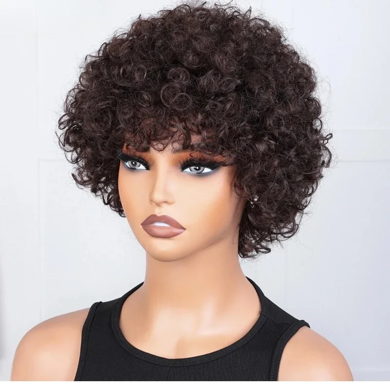Parrucca Bob Ricci Corti Effetto Pixie Morbido, Realizzata a Macchina, Capelli Umani con Frangia, Stile Voluminoso, 100% Capelli Veri, Senza Colla, Senza Pizzo, Per Uso Quotidiano - immagine 2