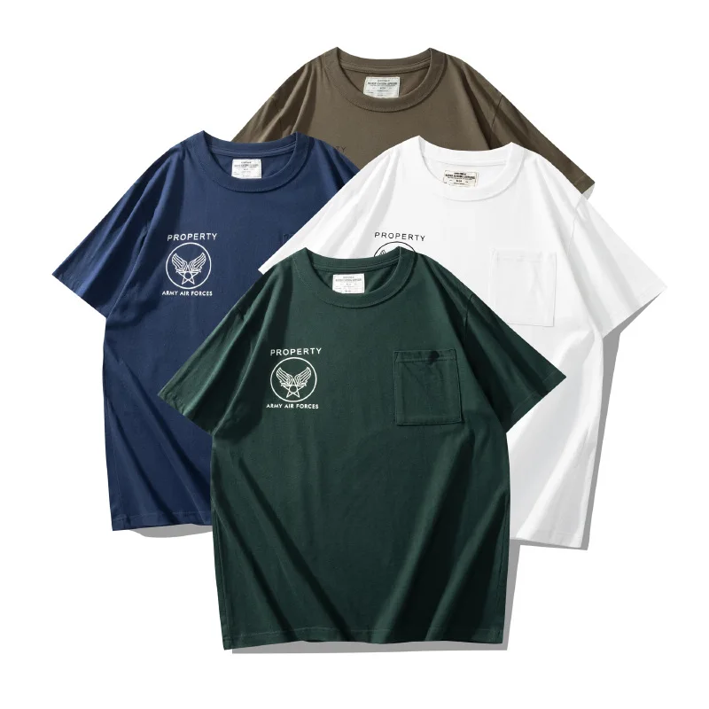 OKONKWO Military Air Force T-shirt Round Neck American Retro Pocket Short Sleeve TEE Outdoor Trekking Camping Fitness Sports Top