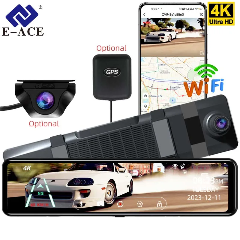 E-ACE 12인치 차량용 터치스크린 비디오 레코더 후방 카메라 4K WIFI 블랙박스 전방 1080P 후방 GPS 카메라 옵션 미러 DVR