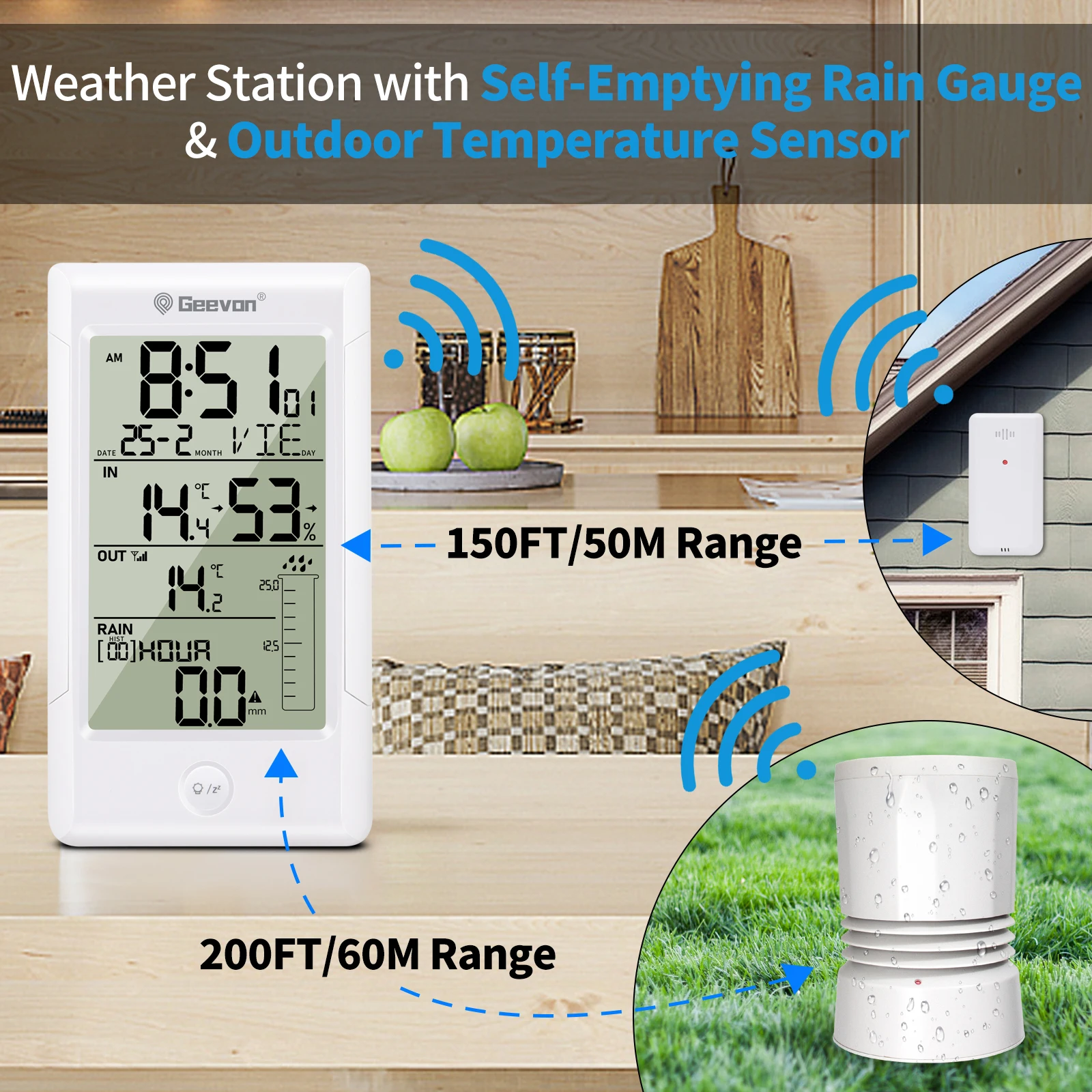 GEEVON Indoor Outdoor Thermometer Wireless Digital Hygrometer Temperature  Gauge with Time,200ft/60m Range Temperature Humidity Sensor 