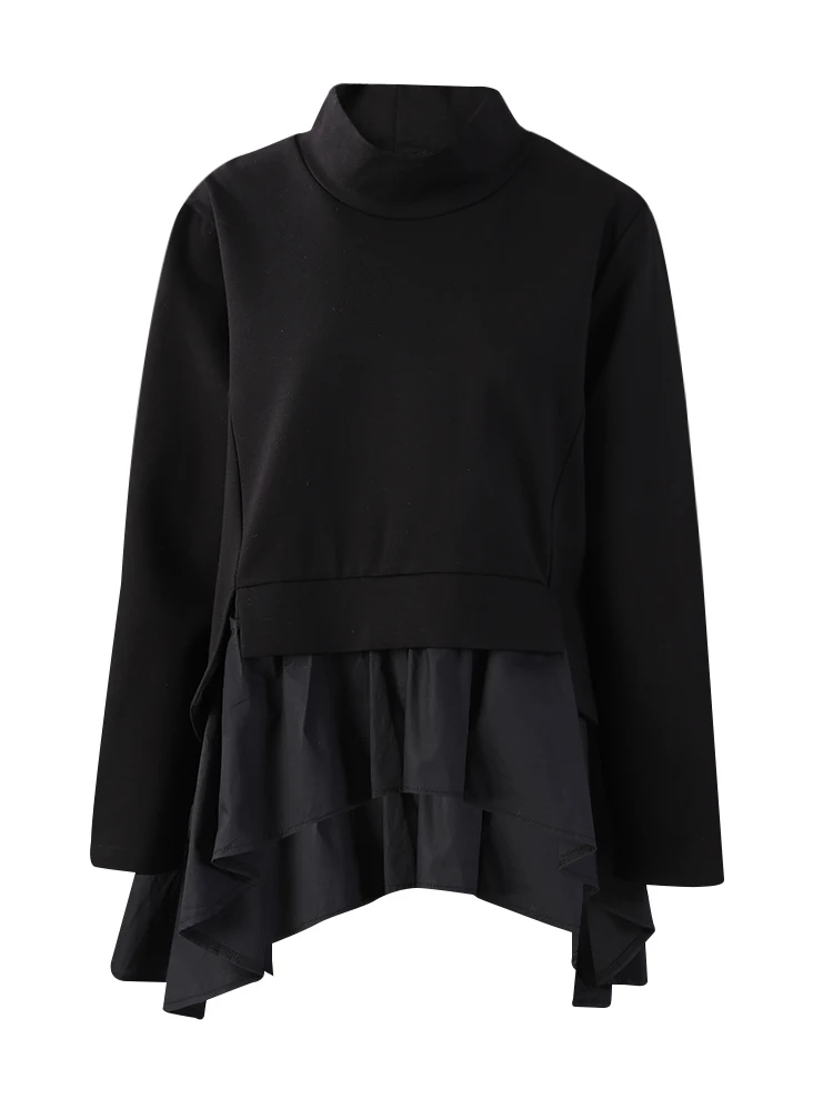 [EAM] Loose Fit Asymmetrical Ruffles Sweatshirt New High Collar Long Sleeve Women Big Size Fashion Tide Spring Autumn 2026 1A529