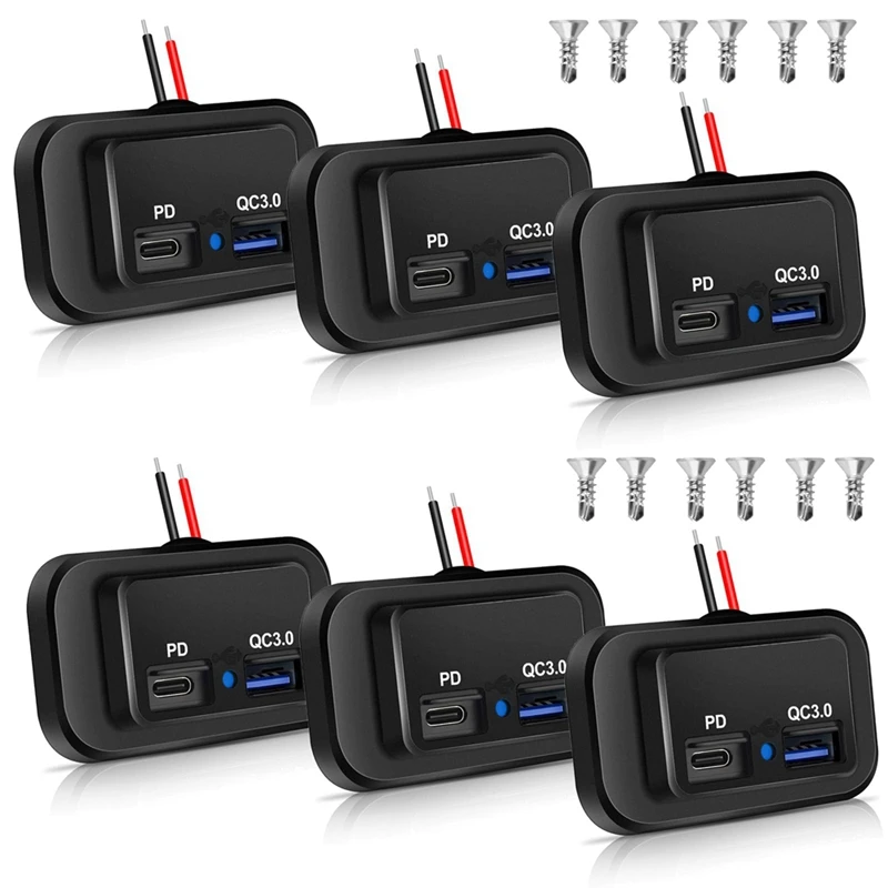 

6PCS 12V/24V RV USB Outlet, Dual PD3.0 Type-C (USB C) & Quick Charge QC3.0 USB-A Port Panel Mount Car USB Socket Charger Durable