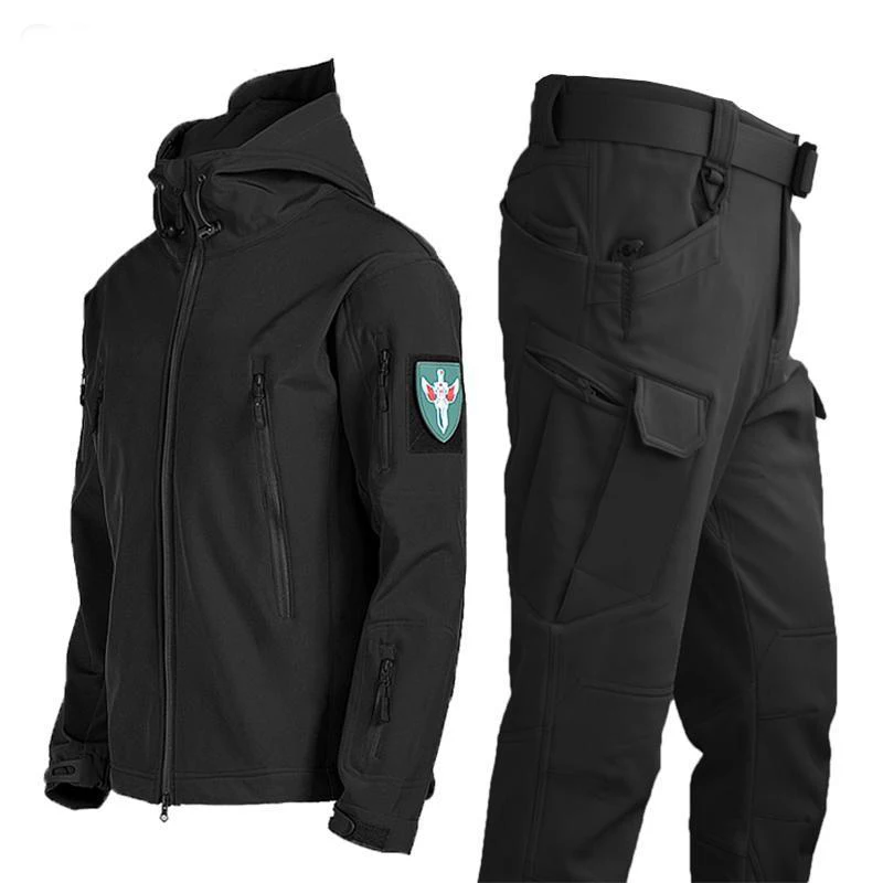 Men's Fleece Waterproof Military Uniform Set Tactical Suit Black Hunting Special Forces