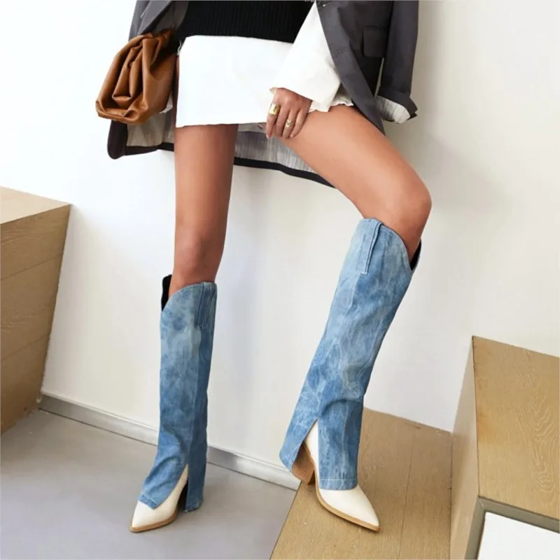 

Fashion Pointed Toe Chunky Heels Knee-High Boots Splicing Denim Slip-on High Bootas Comfortable Autumn Winter Traveling Dating