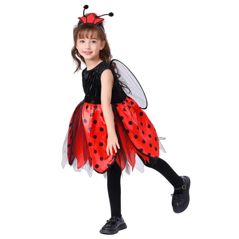 Cosplay Costume Kids Girls Dress Halloween Dress Outfit Animal Tutu Skirt Outfit 2025 Animal Costume for Girls Sleeveless Round Neck Dress + Wing + Headband Bee Ladybug Outfit 4T-10T