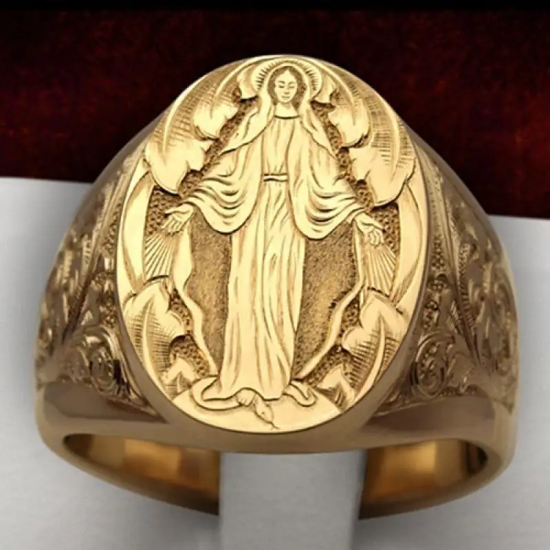 

HOYON Elegant Unisex 14k Yellow Gold Color Ring For men Jewelry Gift Virgin Mary Blessing Badge Hand Carved Religious Ring