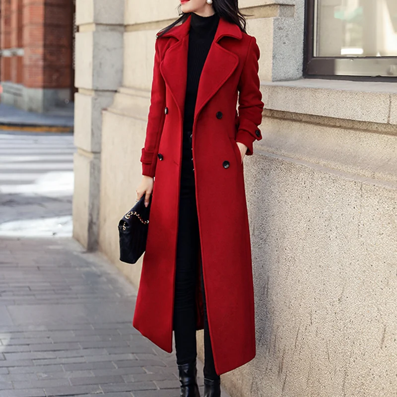 Winter Woolen Coat Long Womens Trench X-Long Double-breasted Coats With Belt Lapel Warm Streetwear Temperament Tops Jacket S-3XL