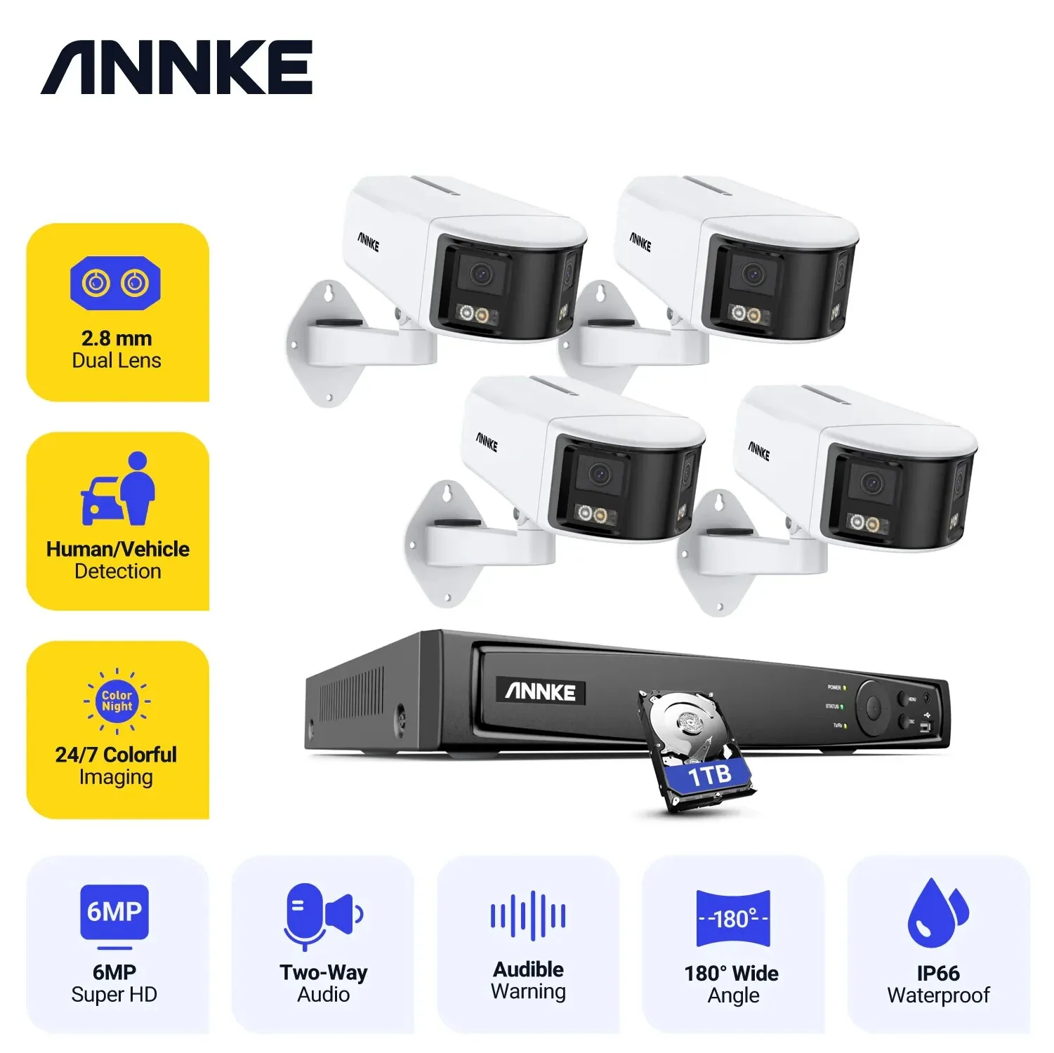 Annke 6Mp Telecamera Di Sicurezza Dual Lens 8Ch Nvr Ultra Hd Poe Ai Rilevamento Umano Cctv Kit Di Videosorveglianza Panoramica A 180 Gradi