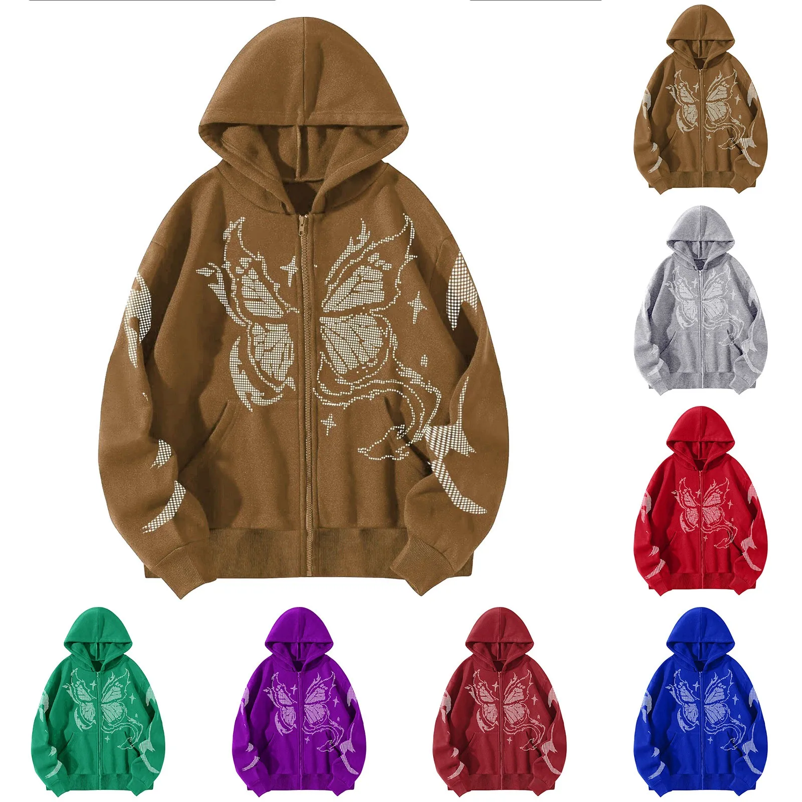 

Womens Fashion Casual Monogram Print Long Sleeve Drawstring Hooded Sweatshirt Butterfly Print Zip Up Sweater Dress Women Long