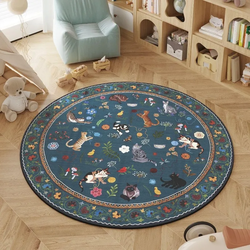 Round Living Room Carpet Floral Kitten Creative Design Bedroom Plush Rug Foldable Machine Washable Non-slip Cloakroom Mats Tapis
