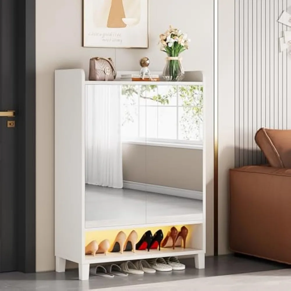 Shoe Cabinet with Mirrored Door, 7-Tier Shoe Storage Cabinet for Entryway, Freestanding Shoe Rack Cabinet with LED Light and Adj 3